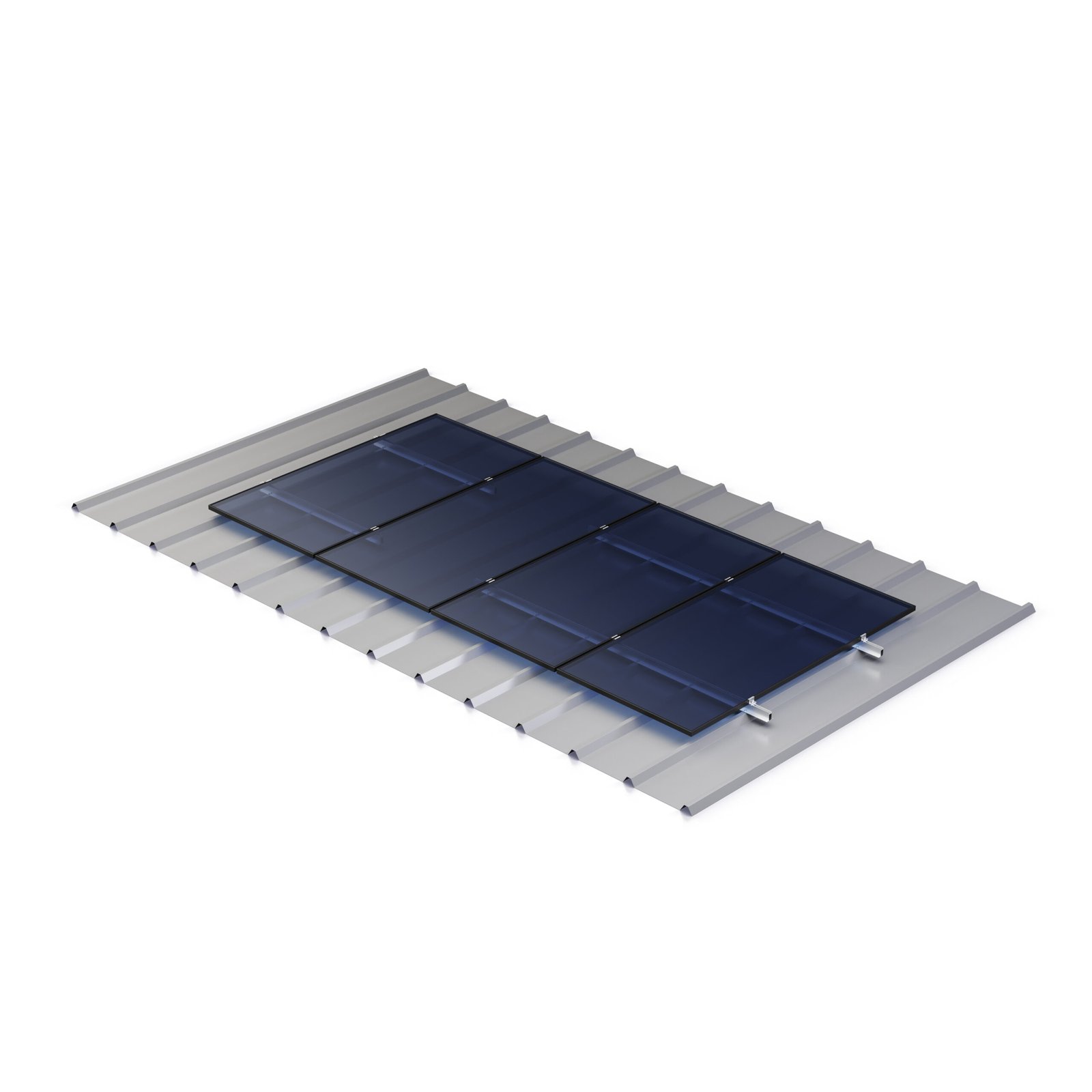 Vista general de seis paneles solares instalados sobre cubierta metálica de junta alzada con sistema de fijación de bajo perfil.