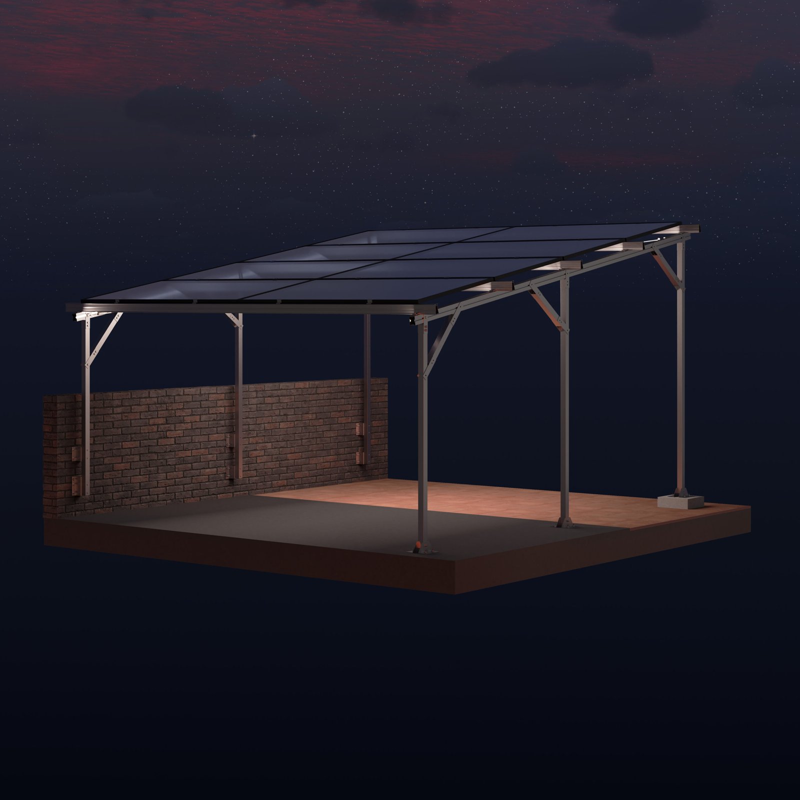 Vista general de una pérgola solar ligera (CS-Pérgola-Ligera) con postes anclados a un muro de ladrillos y al suelo, con la estructura de aluminio y los paneles solares visibles.