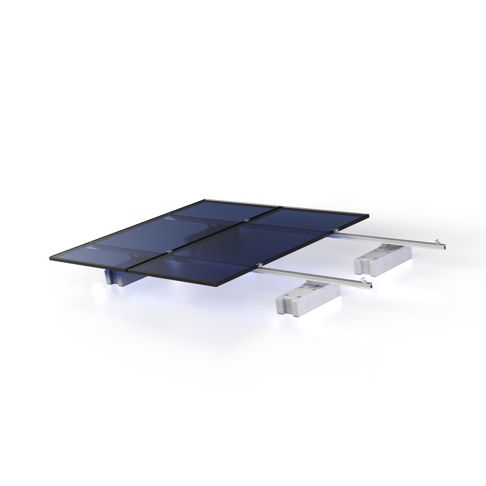 Vista general de estructura solar de lastre (CSA-Block) con cuatro paneles y soportes bajos sobre bloques de hormigón para cubierta plana.