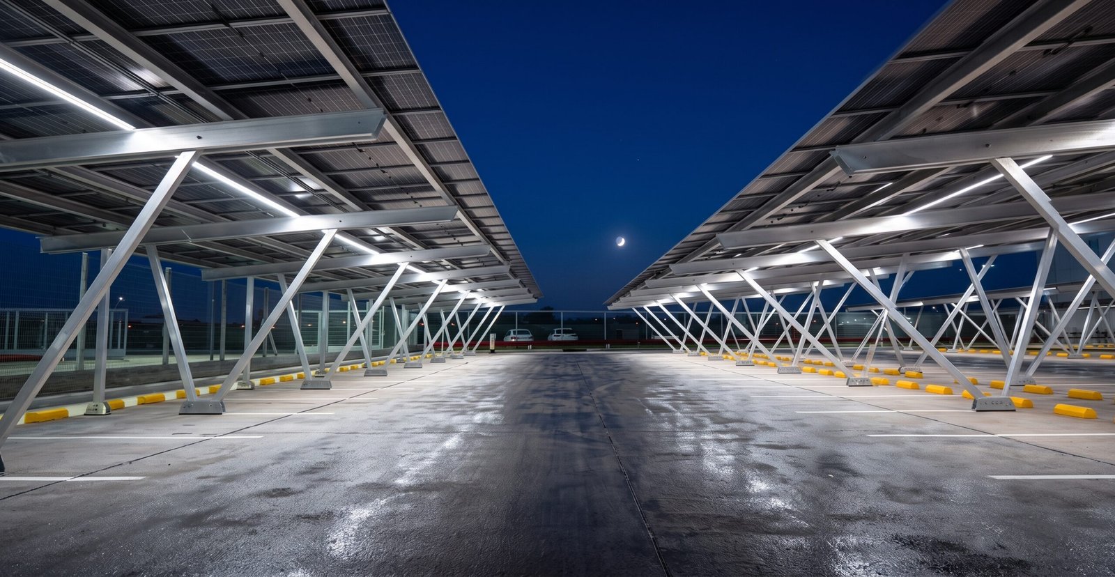 Carport solar iluminado por la noche en un aparcamiento, mostrando la estructura metálica de soporte y los paneles fotovoltaicos integrados.